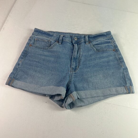 American Eagle Shorts Women's 29* Mom High Rise Blue Cuffed Stretch Denim Tag 8 - Picture 1 of 16